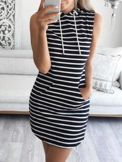 Women's Casual Dress Hoodie Dress Sheath Dress Mini Dress Black Pink Navy Blue Sleeveless Striped Pocket Spring Fall Winter Hooded Basic 2023 S M L XL XXL -Tesla Style chhpie1671789617464