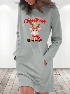 Women's Christmas Hoodie Dress Winter Dress Light Blue Grey White Long Sleeve Letter Elk Pocket Print Winter Fall Crew Neck Stylish Casual Fall Dress Loose Fit 2022 S M L XL 2XL / Cotton -Tesla Style chixek1666175696394