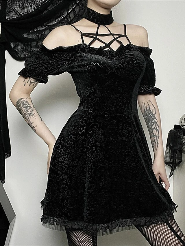 Women's Party Dress Velvet Dress Cocktail Dress Mini Dress Black Short Sleeve Pure Color Lace Spring Fall Winter Halter Neck Fashion Halloween Birthday Wedding Guest 2023 S M L 8 Women's Party Dress Velvet Dress Cocktail Dress Mini Dress Black Short Sleeve Pure Color Lace Spring Fall Winter Halter Neck Fashion Halloween Birthday Wedding Guest 2023 S M L - Image 6