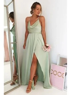 Women's Prom Dress Party Dress Satin Dress Long Dress Maxi Dress Light Green Wine Sleeveless Pure Color Split Summer Spring Fall Spaghetti Strap Fashion Party Birthday Evening Party 2023 S M L XL -Tesla Style chzisc1671775300896