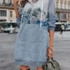 Women's Casual Dress Hoodie Dress Winter Dress Floral Button Print Hooded Mini Dress Fashion Streetwear Outdoor Daily Long Sleeve Regular Fit Blue Fall Winter S M L XL XXL -Tesla Style cibbfq1694679305693