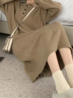 Women's Sweater Dress Jumper Dress Casual Dress Midi Dress Fashion Pure Color Outdoor Daily Vacation Going Out Lapel Long Sleeve Patchwork Button 2023 Regular Fit White Camel One Size -Tesla Style cihhww1695280923213