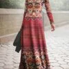 Women's Work Dress Casual Dress A Line Dress Mature Winter Dress Daily Long Dress Maxi Dress Print Crew Neck Long Sleeve Stripe Tribal Regular Fit Blue Brown Green Fall Winter S M L XL XXL -Tesla Style cijjrc1694426137858