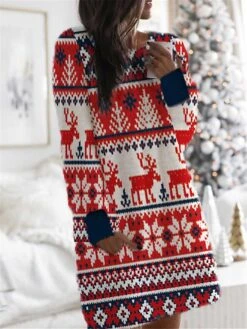 Women's Christmas Hoodie Dress Shift Dress Mini Dress Wine Light Red Fuchsia Red White Long Sleeve Plaid Elk Color Gradient Pocket Print Winter Fall Hooded Casual 2022 S M L XL XXL 3XL -Tesla Style cikvlu1667212068565