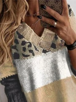 Women's Sweater Dress Winter Dress Jumper Dress Mini Dress Fashion Leopard Outdoor Street Daily Vacation V Neck Long Sleeve Print 2023 Loose Fit Khaki S M L XL -Tesla Style cjaeun1693906959798