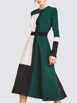 Women's Work Dress Swing Dress Emerald Green Dress Midi Dress Green Long Sleeve Color Block Print Fall Winter Autumn Crew Neck Stylish Winter Dress Fall Dress 2023 S M L XL XXL 3XL 4XL 5XL -Tesla Style cjhapv1638440568124