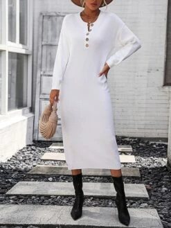 Women's Sweater Dress Jumper Dress Casual Dress Midi Dress Active Plain Outdoor Casual Holiday Vacation Crew Neck Long Sleeve Button 2023 Loose Fit Black White Purple S M L XL -Tesla Style cjhirk1697595527739