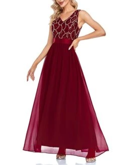 Women‘s Prom Dress Party Dress Sequin Dress Long Dress Maxi Dress Wine Sleeveless Geometric Sequins Sparkly Glitter Fall Winter Autumn V Neck Fashion Wedding Guest Evening Party Vacation 2023 -Tesla Style cjobzn1693535455760