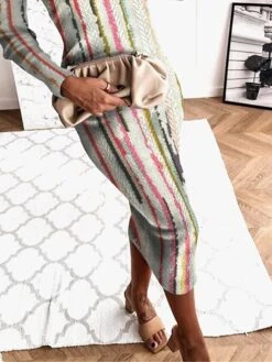 Women's Sweater Dress Jumper Dress Winter Dress Midi Dress Warm Stripe Outdoor Daily Holiday Vacation V Neck Long Sleeve 2023 Regular Fit Gray S M L XL XXL 3XL -Tesla Style ckcash1697378163570