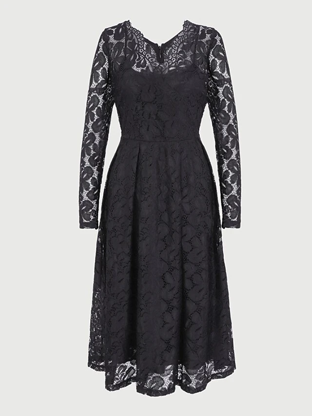 Women‘s Party Dress Wedding Guest Dress Lace Dress Dress Knee Length Dress Black Wine Navy Blue Long Sleeve Pure Color Lace Winter Fall Spring V Neck Elegant Winter Dress Office 2023 S M L XL XXL 3XL 4 Women‘s Party Dress Wedding Guest Dress Lace Dress Dress Knee Length Dress Black Wine Navy Blue Long Sleeve Pure Color Lace Winter Fall Spring V Neck Elegant Winter Dress Office 2023 S M L XL XXL 3XL - Image 2