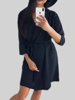 Women's Shirt Dress Casual Dress Sheath Dress Mini Dress Outdoor Office Business Polyester Classic Modern Shirt Collar Lace Up Print Long Sleeve Summer Spring Fall 2023 Loose Fit Black Striped S M L -Tesla Style ckktap1677234552884