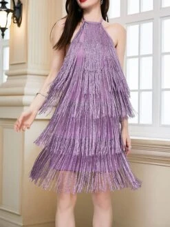 Women's Party Dress Fringe Dress Cocktail Dress Mini Dress Purple Gold Sleeveless Pure Color Tassel Fringe Summer Spring Fall Halter Neck Fashion Wedding Guest Vacation Summer Dress 2023 S M L XL -Tesla Style cklkyr1690341252253