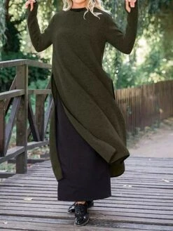 Women's Casual Dress Sweatshirt Dress Midi Dress Active Fashion Outdoor Going Out Weekend Crew Neck Pure Color Regular Fit ArmyGreen Black Dark Gray S M L XL XXL -Tesla Style ckulxh1696926225435