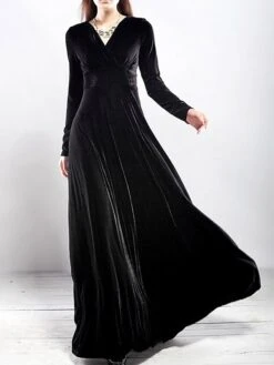 Women‘s Party Dress Wedding Guest Dress Velvet Dress Long Dress Maxi Dress Black Wine Royal Blue Long Sleeve Pure Color Ruched Fall Spring V Neck Fashion Party Winter Dress Evening Party 2023 S M L XL -Tesla Style clfmqg1664516292069