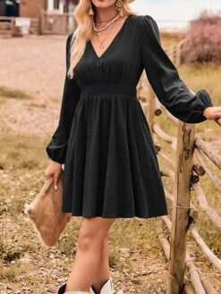 Women's Work Dress Black Dress Semi Formal Dress Fashion Mini Dress Ruched V Neck Long Sleeve Plain Regular Fit Black Red Blue Fall Winter S M L XL -Tesla Style clfnid1693300570819