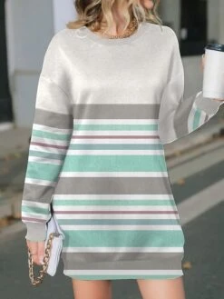 Women's Casual Dress Sweatshirt Dress Winter Dress Stripe Print Crew Neck Mini Dress Fashion Streetwear Outdoor Daily Long Sleeve Loose Fit Pink Blue Purple Fall Winter S M L XL XXL -Tesla Style clhink1695896635787
