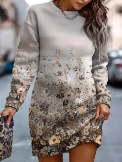 Women's Casual Dress Sweatshirt Dress Mini Dress Warm Fashion Outdoor Holiday Vacation Crew Neck Print Floral Loose Fit Royal Blue Blue Green S M L XL XXL -Tesla Style clhnav1693535876166