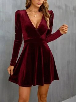 Women‘s Wedding Guest Dress Homecoming Dress Party Dress Velvet Dress Green Casual Dress Wine Army Green Black Long Sleeve Pure Color Ruched Velvet Winter Fall V Neck Casual Modern -Tesla Style clkmps1661941395519