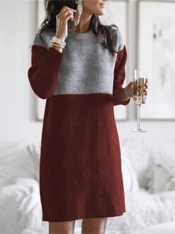 Women‘s Sweater Dress Winter Dress Wine Army Green Dusty Blue Brown Black Long Sleeve Color Block Patchwork Winter Fall Crew Neck Turtleneck Casual S M L XL XXL 3XL Cotton -Tesla Style clkwcx1630305238821