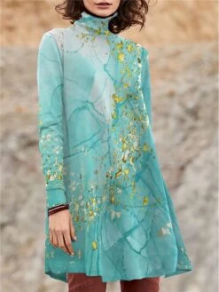 Women's Work Dress Casual Dress Swing Dress Fashion Winter Dress Daily Mini Dress Print Turtleneck Long Sleeve Floral Geometric Regular Fit Black Blue Purple Fall Winter S M L XL XXL -Tesla Style clvnxi1694151644630