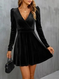 Women‘s Wedding Guest Dress Homecoming Dress Party Dress Velvet Dress Green Casual Dress Wine Army Green Black Long Sleeve Pure Color Ruched Velvet Winter Fall V Neck Casual Modern -Tesla Style clyiwp1661941388308