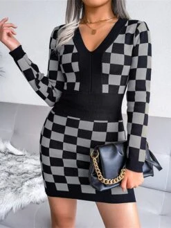 Women's Sweater Dress Jumper Dress Casual Dress Mini Dress Fashion Plaid Outdoor Daily Vacation Going Out V Neck Long Sleeve 2023 Loose Fit Black Yellow Wine One Size -Tesla Style cmgkwo1694756668062