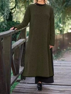 Women's Casual Dress Sweatshirt Dress Midi Dress Active Fashion Outdoor Going Out Weekend Crew Neck Pure Color Regular Fit ArmyGreen Black Dark Gray S M L XL XXL -Tesla Style cmrmdo1696926228365