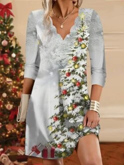 Women's Christmas Work Dress Casual Dress Fashion Winter DressDaily Mini Dress Print V Neck Long Sleeve SnowmanTree Regular Fit Red Brown Green Fall Winter S M L XL XXL