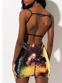 Women‘s Party Dress Sequin Dress Homecoming Dress Mini Dress Gold Sleeveless Pure Color Sparkly Glitter Sequins Fall Winter Autumn Spaghetti Strap Fashion Winter Dress Wedding Guest Birthday -Tesla Style cndbzq1693210875581