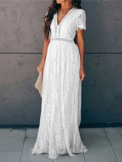 Women's Party Dress Lace Dress Swing Dress Long Dress Maxi Dress Pink White Short Sleeve Pure Color Lace Spring Summer V Neck Modern 2023 S M L XL XXL 22 Women's Party Dress Lace Dress Swing Dress Long Dress Maxi Dress Pink White Short Sleeve Pure Color Lace Spring Summer V Neck Modern 2023 S M L XL XXL -Tesla Style cndirw1652151585408