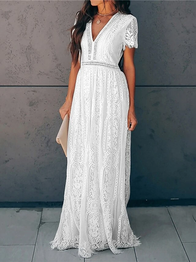 Women's Party Dress Lace Dress Swing Dress Long Dress Maxi Dress Pink White Short Sleeve Pure Color Lace Spring Summer V Neck Modern 2023 S M L XL XXL 5 Women's Party Dress Lace Dress Swing Dress Long Dress Maxi Dress Pink White Short Sleeve Pure Color Lace Spring Summer V Neck Modern 2023 S M L XL XXL - Image 3