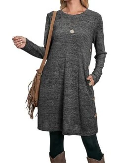 Women's Work Dress Casual Dress A Line Dress Fashion Daily Mini Dress Button Pocket Crew Neck Long Sleeve Plain Loose Fit Black Pink Gray Fall Winter S M L XL XXL -Tesla Style cnznqh1697185372282