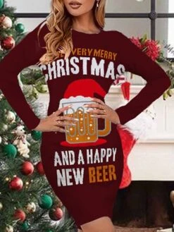 Women's Christmas Work Dress Bodycon Sheath Dress Mini Dress Blue Red Brown Long Sleeve Letter Print Winter Fall Autumn Crew Neck Fashion Office Christmas 2022 S M L XL XXL 3XL 4XL 5XL 6XL