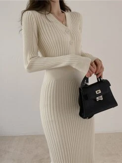 Women‘s Sweater Dress Winter Dress Sheath Dress Midi Dress Black White Green Long Sleeve Pure Color Button Fall Winter Autumn V Neck Stylish Winter Dress Fall Dress 2023 One-Size -Tesla Style conods1665656617691