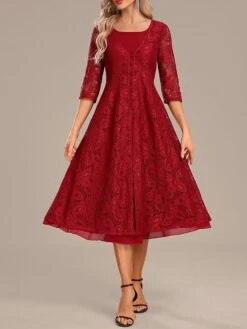 Women's Party Dress Lace Dress Cocktail Dress Midi Dress Red 3/4 Length Sleeve Pure Color Lace Spring Fall Winter Crew Neck Fashion Winter Dress Christmas Wedding Guest 2023 S M L XL XXL 3XL