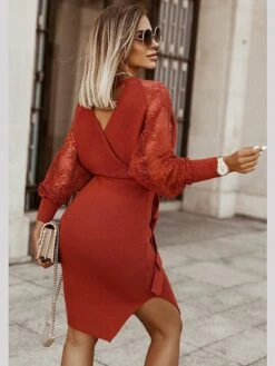Women's Sweater Dress Knee Length Dress Blue Wine Khaki Black Long Sleeve Pure Color Lace Patchwork Fall Winter V Neck Elegant Sexy 2022 S M L XL XXL -Tesla Style covvir1611554000313