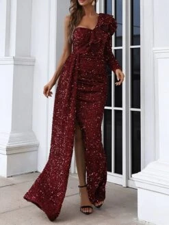 Women‘s Prom Dress Party Dress Sequin Dress Long Dress Maxi Dress Silver Pink Wine Long Sleeve Pure Color Sparkly Glitter Sequins Fall Winter Autumn One Shoulder Fashion Winter Dress Evening -Tesla Style cphmzg1694661301560