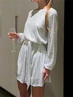 Women's Party Dress Sequin Dress Black Dress Homecoming Cocktail Dress Mini Dress Silver White Long Sleeve Pure Color Sparkly Glitter Lace Up Winter Dress -Tesla Style cpitxm1694504477147