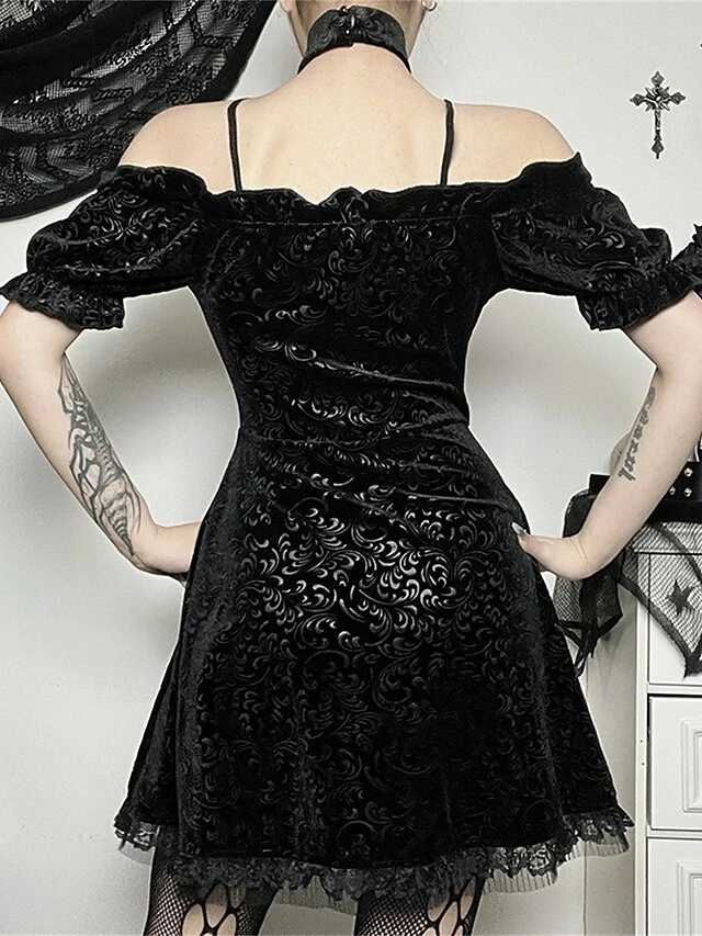 Women's Party Dress Velvet Dress Cocktail Dress Mini Dress Black Short Sleeve Pure Color Lace Spring Fall Winter Halter Neck Fashion Halloween Birthday Wedding Guest 2023 S M L 4 Women's Party Dress Velvet Dress Cocktail Dress Mini Dress Black Short Sleeve Pure Color Lace Spring Fall Winter Halter Neck Fashion Halloween Birthday Wedding Guest 2023 S M L - Image 2