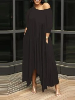 Women's Work Dress Black Dress White Dress Fashion Long Dress Maxi Dress Ruched Pocket One Shoulder 3/4 Length Sleeve Plain Regular Fit Black White Pink Fall S M L XL XXL -Tesla Style cpqljg1693203374364