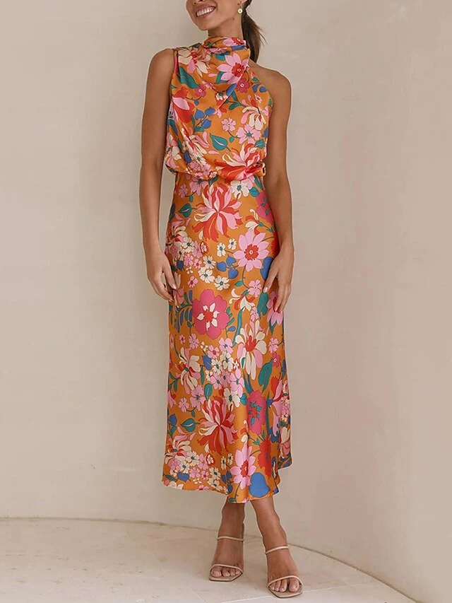 Women's Prom Dress Party Dress Satin Dress Long Dress Maxi Dress White Blue Orange Sleeveless Floral Ruched Fall Winter Autumn Halter Neck Fashion Evening Party Vacation 2023 S M L XL 12 Women's Prom Dress Party Dress Satin Dress Long Dress Maxi Dress White Blue Orange Sleeveless Floral Ruched Fall Winter Autumn Halter Neck Fashion Evening Party Vacation 2023 S M L XL - Image 10