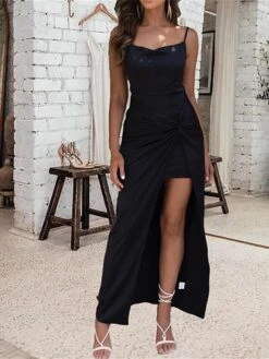 Women's Prom Dress Party Dress Satin Dress Long Dress Maxi Dress Black Sleeveless Pure Color Backless Spring Fall Winter Spaghetti Strap Fashion Birthday Evening Party Wedding Guest 2023 S M L -Tesla Style cpxdst1692948281797
