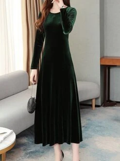 Women's Green Velvet Dress Maxi Long Dress Black Wine Blue Long Sleeve Solid Color Ruched Fall Winter Crew Neck Party Stylish Elegant Party -Tesla Style cpzuql1637316073187