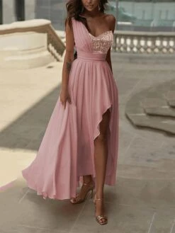 Women‘s Prom Dress Party Dress Sequin Dress Long Dress Maxi Dress Pink Sleeveless Pure Color Sparkly Glitter Sequins Summer Spring Fall One Shoulder Fashion Wedding Guest Evening Party Vacation -Tesla Style cqcbvp1690428714075