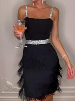 Women‘s Cocktail Party Dress Homecoming Dress Wedding Guest Dress Fringe Dress Mini Dress Black Sleeveless Pure Color Tassel Fringe Spring Summer Spaghetti Strap Hot Date 2023 S M L XL -Tesla Style cqdopf1638871805155