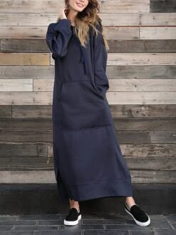 Women's Casual Dress Hoodie Dress Long Dress Maxi Dress Daily Basic Outdoor Vacation Going Out V Neck Pocket Solid Color Regular Fit Black Burgundy Blue S M L XL XXL -Tesla Style cqexqy1692165479616