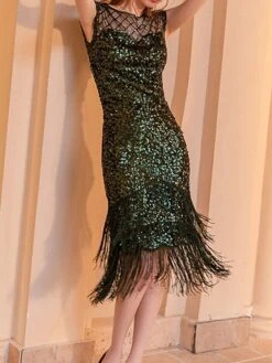 Women‘s Party Dress Fringe Dress Sequin Dress Black Dress Midi Dress White Champagne Short Sleeve Pure Color Sparkly Glitter Sequins Spring Fall Winter Crew Neck Fashion Wedding Guest Birthday -Tesla Style cqgedp1692178319221