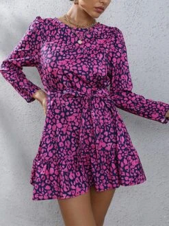 Women's Work Dress Sheath Dress Semi Formal Dress Fashion Mini Dress Lace Up Print Crew Neck Long Sleeve Floral Loose Fit Black Fuchsia Brown Fall S M L XL XXL -Tesla Style cqkiaw1693300592265