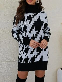 Women's Sweater Dress Winter Dress Jumper Dress Mini Dress Patchwork Ribbed Daily Date Vacation Active Fashion Turtleneck Long Sleeve 2023 Loose Fit Black Blue Khaki Color S M L XL Size -Tesla Style cqmqha1694087771898