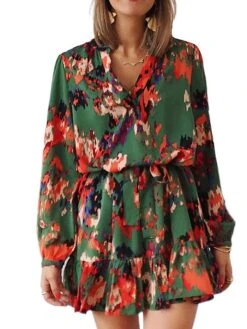 Women's Work Dress A Line Dress Fashion Mini Dress Lace Up Ruffle V Neck Long Sleeve Floral Regular Fit Black Pink Blue Fall S M L XL -Tesla Style cqoeyw1694490793990